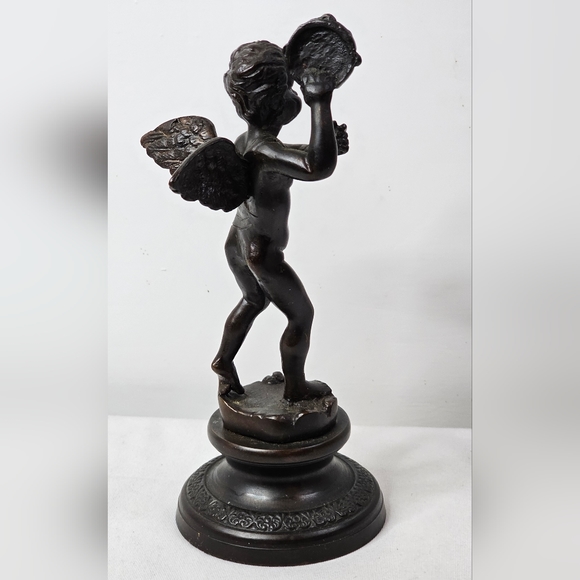 Bronze Cherub Angel Statue Playing Tambourine French Style Musical Vintage Art - Picture 12 of 14